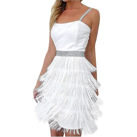 Cocktailkjoler for kvinner, sexy dyp V-hals, full av frynser, spaghettistropper, kjole med paljetter og fjær for ball