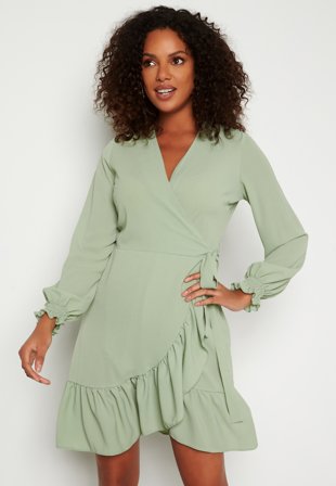 John Zack Frilly Wrap Mini Dress Sage Green Klær