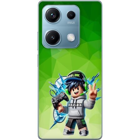 Kompatibelt Mobildeksel til Xiaomi Redmi Note 14S Roblox-inspirert gamerfigur med headset, håndkontroll og energiske effekter mot grønn bakgrunn