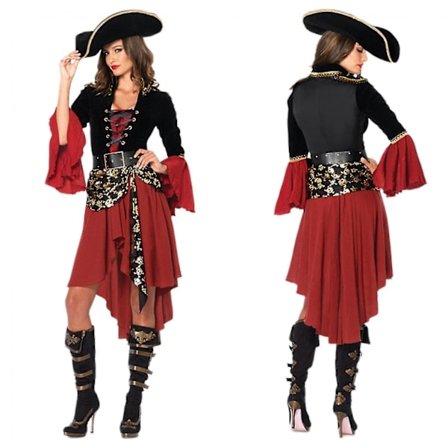 Dam 3 st Cruel Seas Pirate Kapten Klänning Kostym med fäst skärp, bälte, hatt, svart/vinröd
