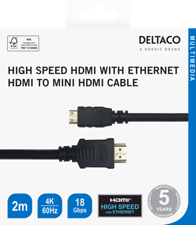 Deltaco HDMI - mini HDMI cable, 4K UHD in 60Hz, 2m, black