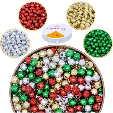 600 kpl joulukuusia, 8 mm metallinhohtoisia pyöreitä ponikuulia joustavalla narulla, punainen, vihreä, hopea, kulta, muovi, askarteluhelmet korujen 