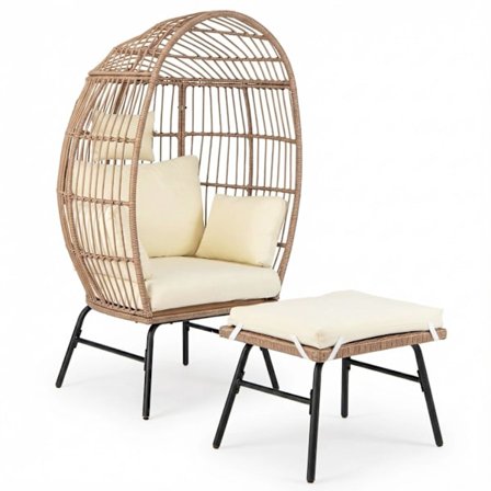Rattan Æggestol med Fodskammel, Hynder til Indendørs/Udendørs
