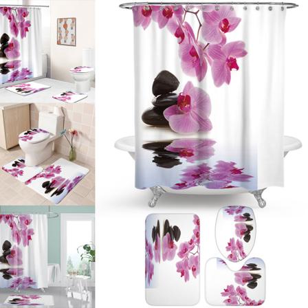 4st Med Matta Badmattor Print Uppgraderad Spa-duschdraperi