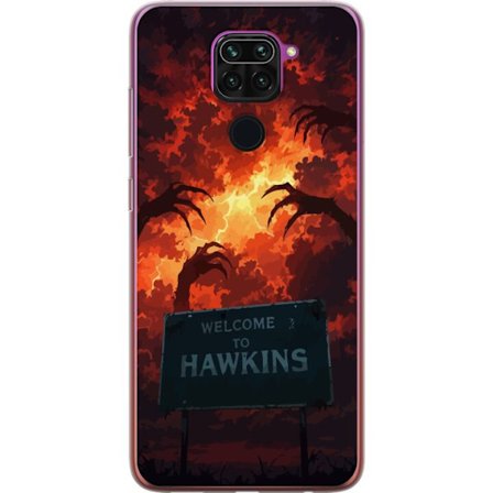 Yhteensopiva Puhelinkuori Xiaomi Redmi Note 9 Pimeä apokalyptinen fantasiakohtaus palavalla taivaalla ja Hawkins-kyltti Stranger Things -tyylillä