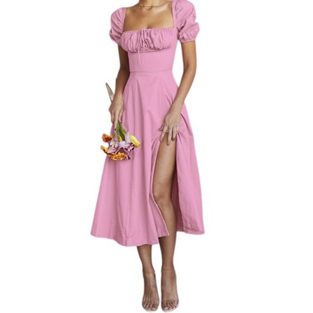 Neliökaulus helma seksikäs sivuhalkio kuplahiha mekko (Pinkki L)