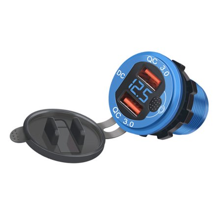 Hurtiglader aluminium QC3.0 dobbel USB billader med bryterknapp voltmeter