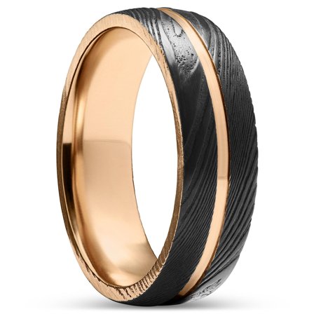 Fortis | 7 mm Grooved Black Damascus Steel and Rose Gold-Tone Titanium Ring for Men - Steel rings