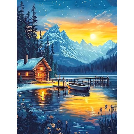 Diamond Art Kits til voksne Snedækket bjerg, DIY 5D diamantmaleri-kit til begyndere Sølandskab, Fuld rund bore-ædelstenskunst, Perfekt 