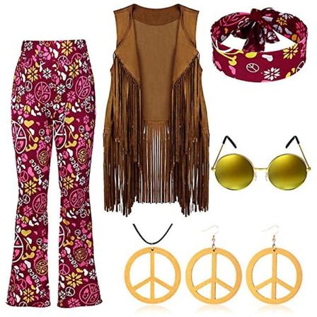 70-talls Hippie Party Retro Kostyme med frynser - Vest + bukser + skjerf Wine red XL