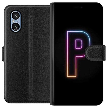 Kompatibelt Plånboksfodral till Sony Sony Xperia 5 V Minimalistisk neonbokstav P i färggradient och ljuseffekt mot svart bakgrund i digital neonstil