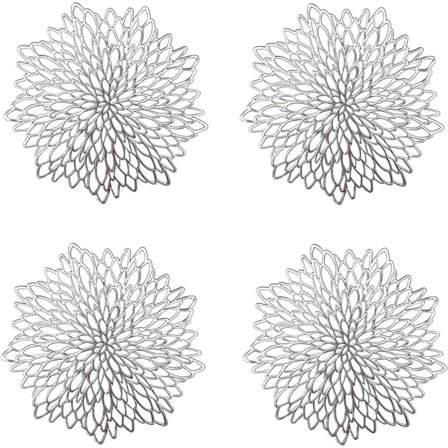 4 stk. sølvfarvede dækkeservietter, hule runde dækkeservietter, runde dækkeservietter i plast, brugt til varmeisolering af tallerken og borddekoration