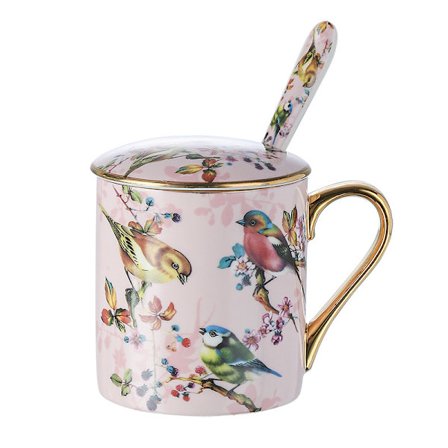 Keramisk krus med fugl og blomster med lokk – 350 ml kapasitet, gullfarget tekopp med skje, 8,2x9,5 cm – Elegant for natur- og teelskere