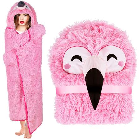 Flamingo Voksen Bærbar Hetteteppe - Plysj Supermyk Varm Komfort Plysj Flanell Fleece og Sherpa Hoodie Poncho - Flamingo