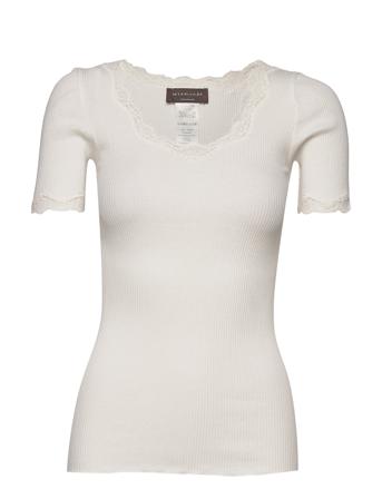 Organic T-Shirt W/ Lace T-shirts & Tops Short-sleeved Creme Rosemunde