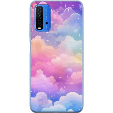 Kompatibelt Mobildeksel til Xiaomi Redmi Note 9 4G Søt enhjørning med regnbuefarget hår mot en stjernebelagt pastellbakgrunn i kawaii-stil