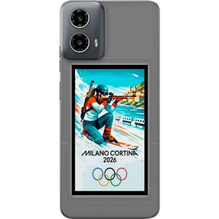 Kompatibelt Mobildeksel til Motorola Moto G34 Retroplakat Cortina Milano 2026 med fjell, vintersportsutøvere, italienske trikolor, Milano-katedralen o