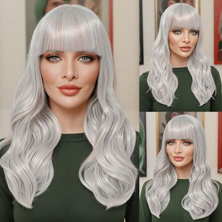 Parykk, damemote, store bølger, lange krøller, røykgrå, pannelugg, parykk