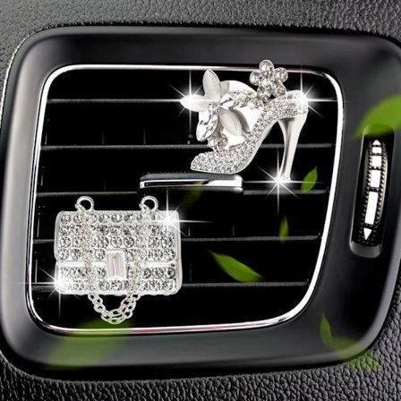 2 stycken Aromaterapi Bil Eterisk Olja Diffuser, Högklackad Form och Kristallväska, Bil Diffuser Ventilklämma för Kvinnor Bil