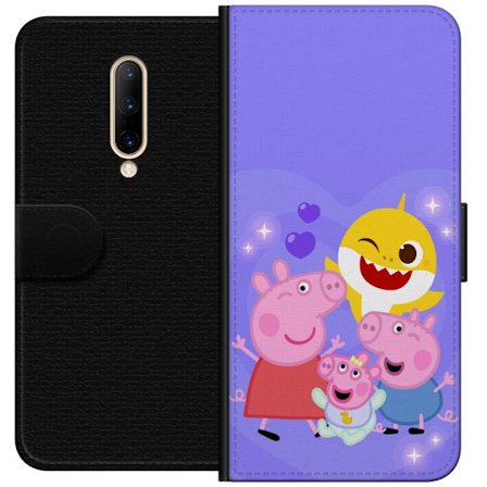 Yhteensopiva Lompakkokotelo OnePlus 7 Pro Peppa Possu -kuviot sydämillä, perhosilla ja ystävillä, vaaleanpunainen tausta pehmeissä lasten kuvituk