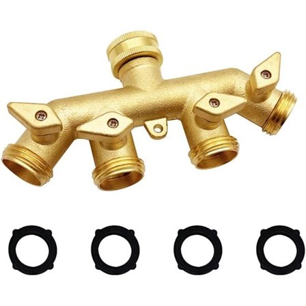 4-veis messing slangefordeler 3/4 tommers GHT hageslangeadapterkobling 4 ventiler med 4 ekstra gummiringer