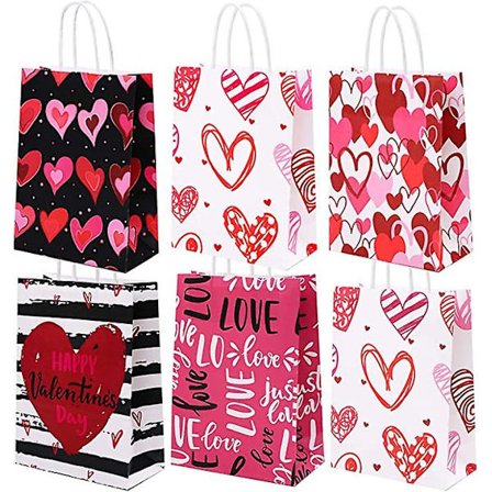Alla hjärtans dag papperspåsar Alla hjärtans dag Party Kraft papperspåse Papper Röda och rosa hjärtpåsar med handtag för festfavoriter