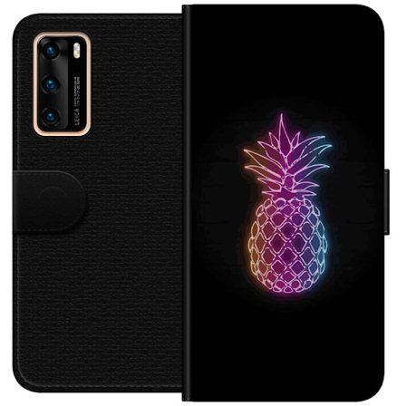 Kompatibelt Plånboksfodral till Huawei Huawei P40 Neonillustration av ananas i färgglatt ljus mot svart bakgrund