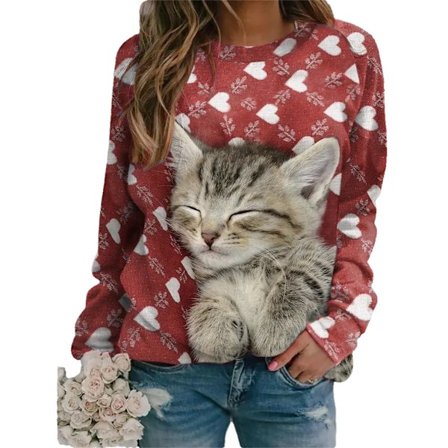 Damegenser med dyreprint, lange ermer, rund hals, trendy, avslappet, søtt katteprint, tynn, løs topp rød