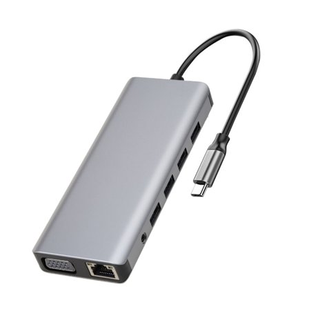 USB C Dockningsstation 12 i 1 Hub Adapter med HDMI-kompatibelt 4K+VGA+ USB 3.0 Port+100W PD+Ethernet+SD/TF+3.5mm Audio