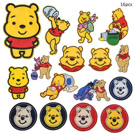 16 kpl Winnie the Pooh -sarjakuva brodeeratut silitysmerkit, DIY-ompeluapplikaatiomerkki, ommeltava/silitysmerkki takeille, farkuille, housuille, 