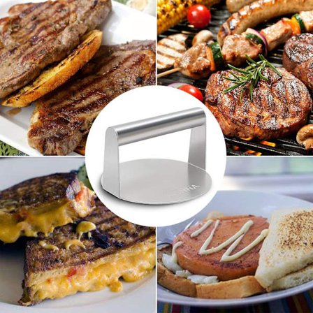 Burgerpresse i rustfrit stål, kraftig bacon-grill-burger-smasher, 5,51-tommer rund grillpresse, perfekt til flad grillplade-grillmadlavning, bøf, pani