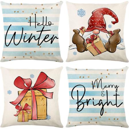 Juleputetrekk 18 * 18 tommer Lin Pyntetrekk Putevar Santa Claus Gave Blå Striper Vinterferie Hjem Sofa Soverom Sett med 4(JYM203)