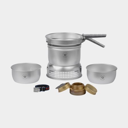 Spirituskocher Trangia 27 Small, 1000 W + 2 Töpfe, 1 Bratpfanne & Windschutz aus UL / UltraLight-Aluminium + Griffzange + Riemen, Ohne Brennstoff - 