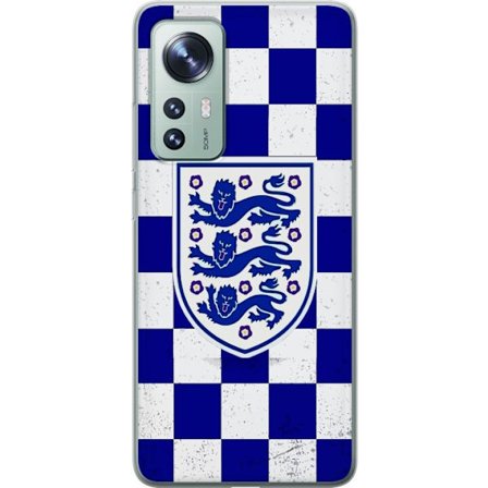 Kompatibelt Mobildeksel til Xiaomi Xiaomi 12 Grafisk sjakkbrett-mønster i blått og hvitt med et klassisk heraldisk emblem, retroinspirert sports- og