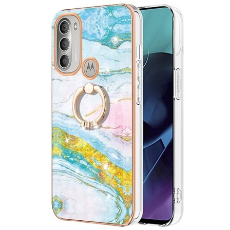 Marble Patterned Suojakuori With Ring Holder For Motorola Moto G51 5G - Vihreä And Keltainen Marble Haze