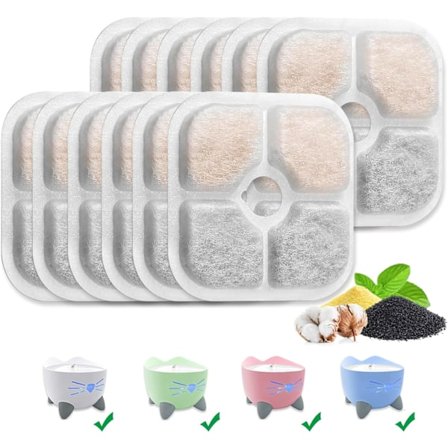 Vandfontænefilter, 12-pakning Pet Vandfontænefilter Udskiftning, Kompatibel med 2L/2.5L Katte Vandfontæne, Trippel Effekt Vandaktiveret Kul