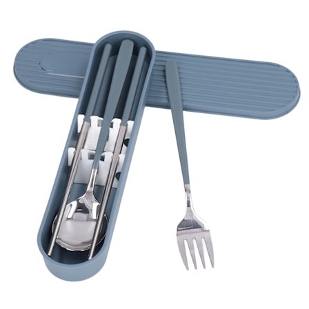 304 Rustfrit Stål Gaffel Ske Spisepinde Sæt Bestik Genanvendeligt Bestiksæt til Studerende Kontorarbejdere Blå Sølv