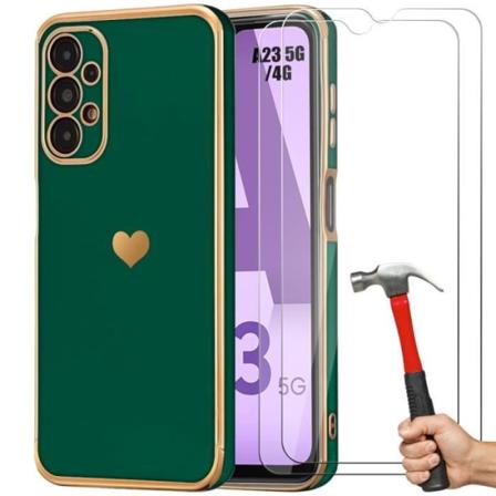 Silikonetui til Samsung Galaxy A23 4G-5G Midnight Green Heart Pattern Anti-ridse blød TPU + 2 hærdede briller