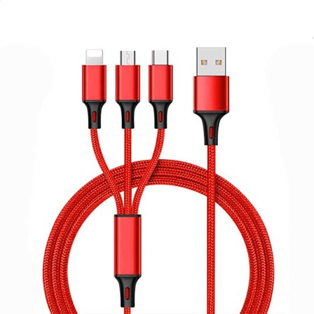 Universaali 3-in-1 Nylon-punottu USB-latauskaapeli, 4 jalkaa/1,2 m, 3A (IP + Type-C + Micro-USB) - Punainen