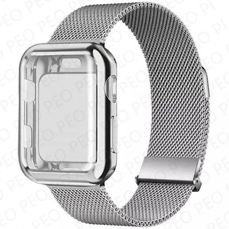 Milanese Loop+Fodral För Apple Watch Armband 45mm 44mm 38mm-42mm 41/40mm Metall Magnetiskt armband iwatch Serie 9 8 7 6 5 4 3 SE Rem