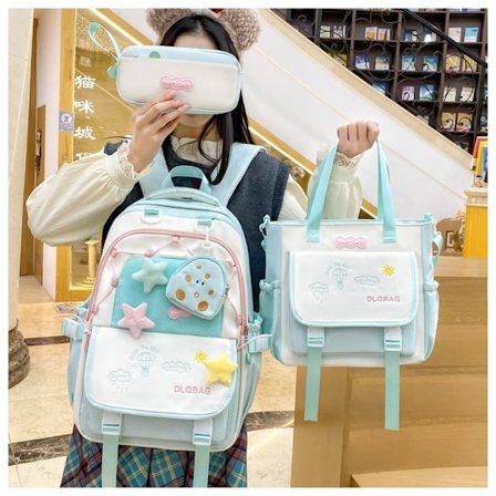 4-Pakks Ryggsekk for Jenter med Tote Bag, Penal og Hodetelefonveske, Søt Skolesekk for Barn, Ungdomsskole og Videregående_TF_TF