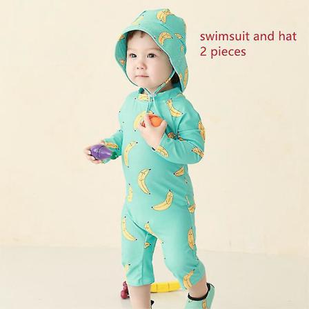 Snabbtorkande barnendräkt - Solskyddande surfdräkt för pojkar och flickor 1-2 år grön banan med hatt