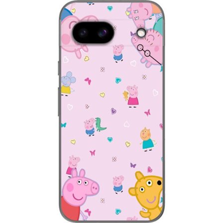 Kompatibel Mobilcover til Google Pixel 8a Peppa Gris med en baby i armene, morgris motiv i farverig og blød børneillustration med hjerter