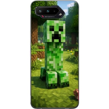 Kompatibelt Mobilskal till Asus Asus ROG Phone 5 Block-baserad Creeper-figur i en grön pixell värld, ikonisk spelillustration för barnrum, gamers o