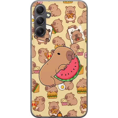 Kompatibelt Mobilskal till Samsung Samsung Galaxy S23 FE Söt capybaror njuter av vattenmelon pizza och popcorn i en varm och lekfull design som sprid