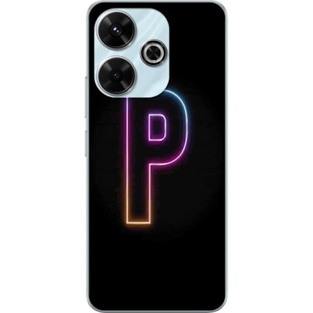 Kompatibel Mobilcover til Xiaomi Xiaomi Redmi 13 Minimalistisk neonbogstav P i farvegradient og lyseffekt mod sort baggrund i digital neonstil