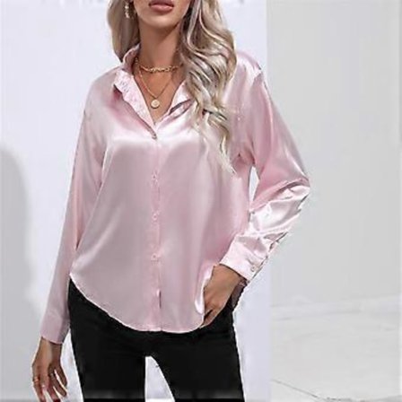 Vår Høst Sateng Bluse Imitert Silke Langermet Skjorte for Dame Plus Size Løse Topper (L rosa)