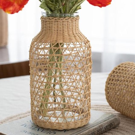 Skrivbordsvas i glas med lock av sjögräs, dekorativ vintage