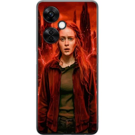 Kompatibelt Mobilskal till OnePlus Nord CE3 Porträtt av en ung kvinna med rött hår i en apokalyptisk landskap, röda blixtar och mörka klippformat