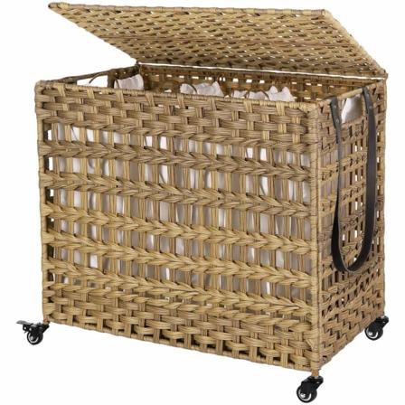 Rootz håndvævet 143L vasketøjskurv - 3 rum - Opbevaringskurv - Aftagelige foringsposer - Natur/Hvid/Grå - 66 x 35 x 60,5 cm
